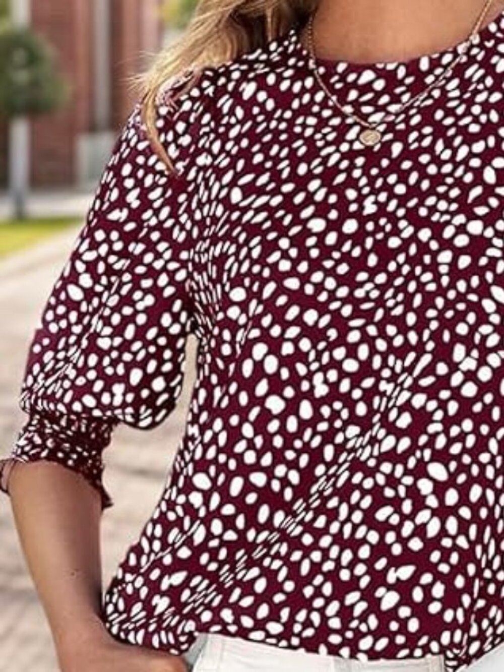 Women's 3/4 Sleeve Casual Dressy Blouse Tops Polka Dot Ladies Crew Neck T-Shirt